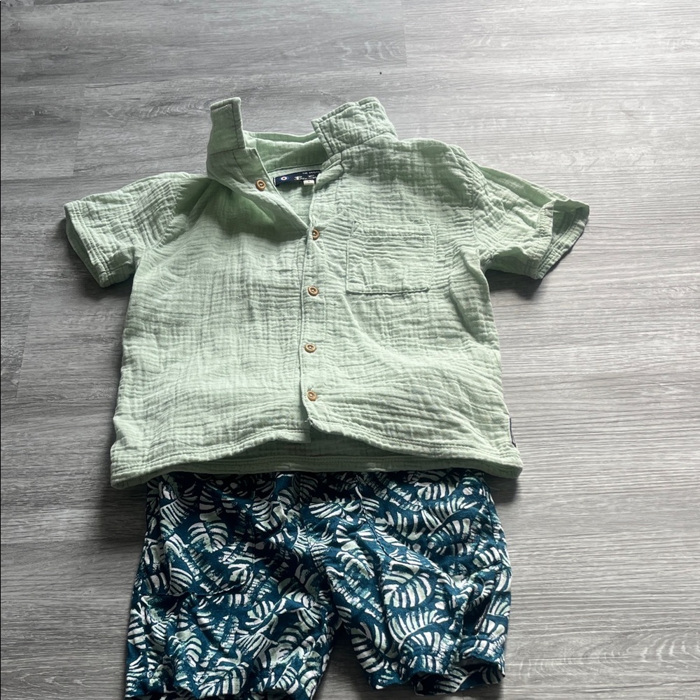 Green Button-Up Shirt and Blue Leaf Shorts Set